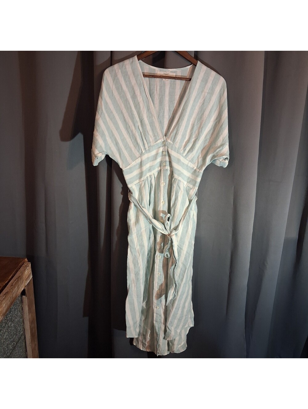 TROVATA Birds of Paradis Striped Linen Button-Front Dress Size 4